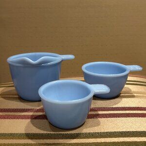 1930's Jeannette Blue Delphite Tab Handled Glass Measuring Cups 1/3, 1/2, 1-cup